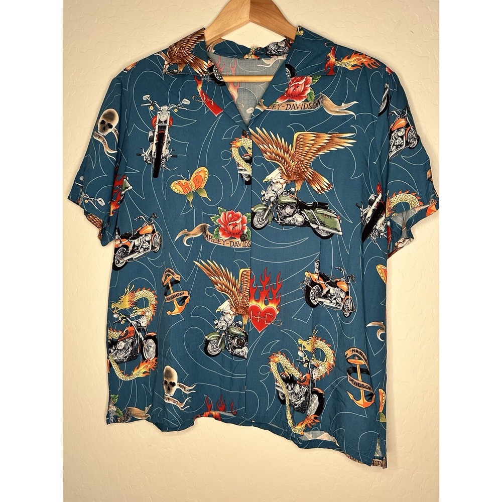 HARLEY DAVIDSON Tori Richard Hawaiian Button Up Blue Top Women's Size L